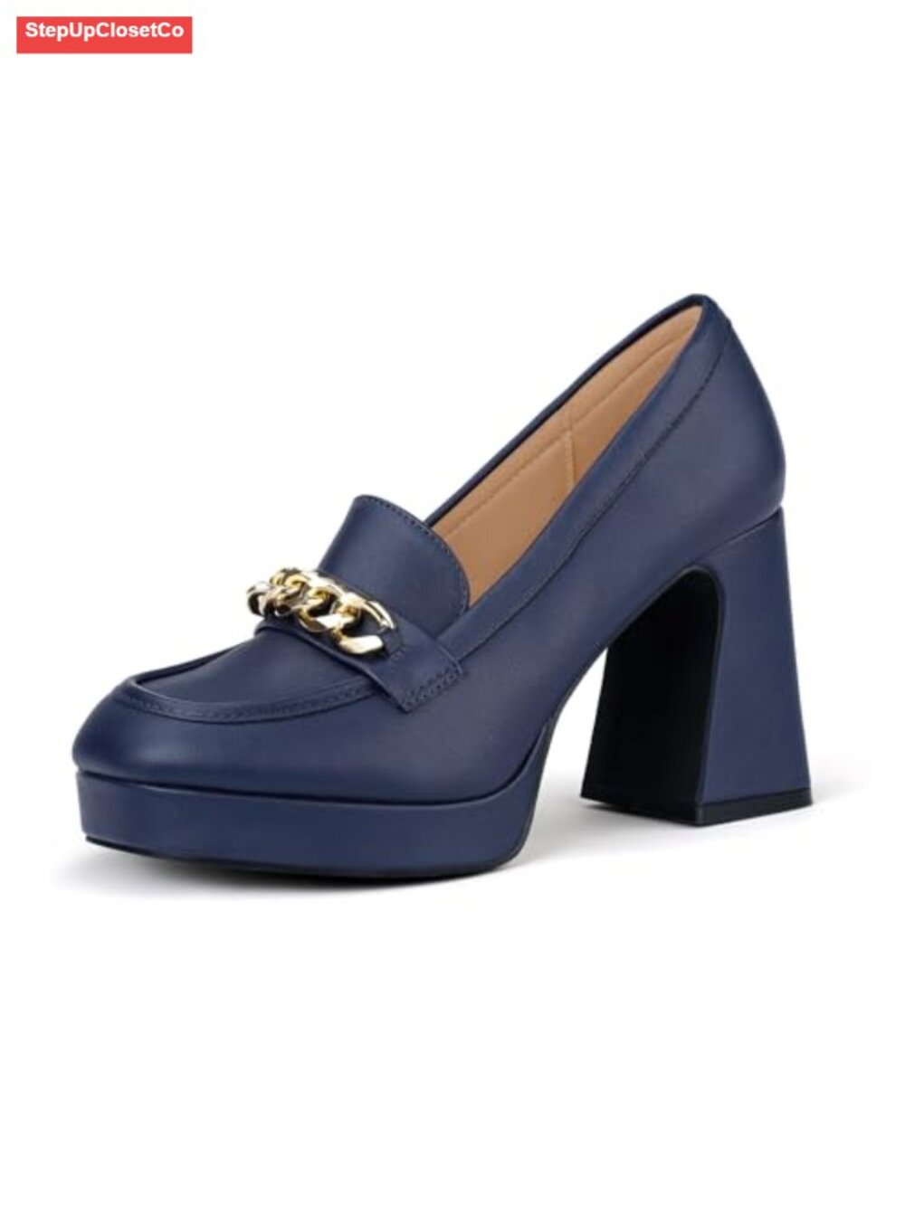 Platform Chunky High Heel Penny Loafers Metal Chain Square Toe